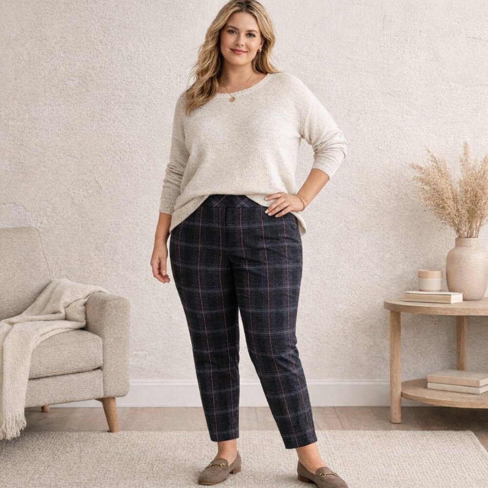 J. Jill Plaid Bi-Stretch Pants 16W Black Ankle Pull On Zip Career Office Pocket